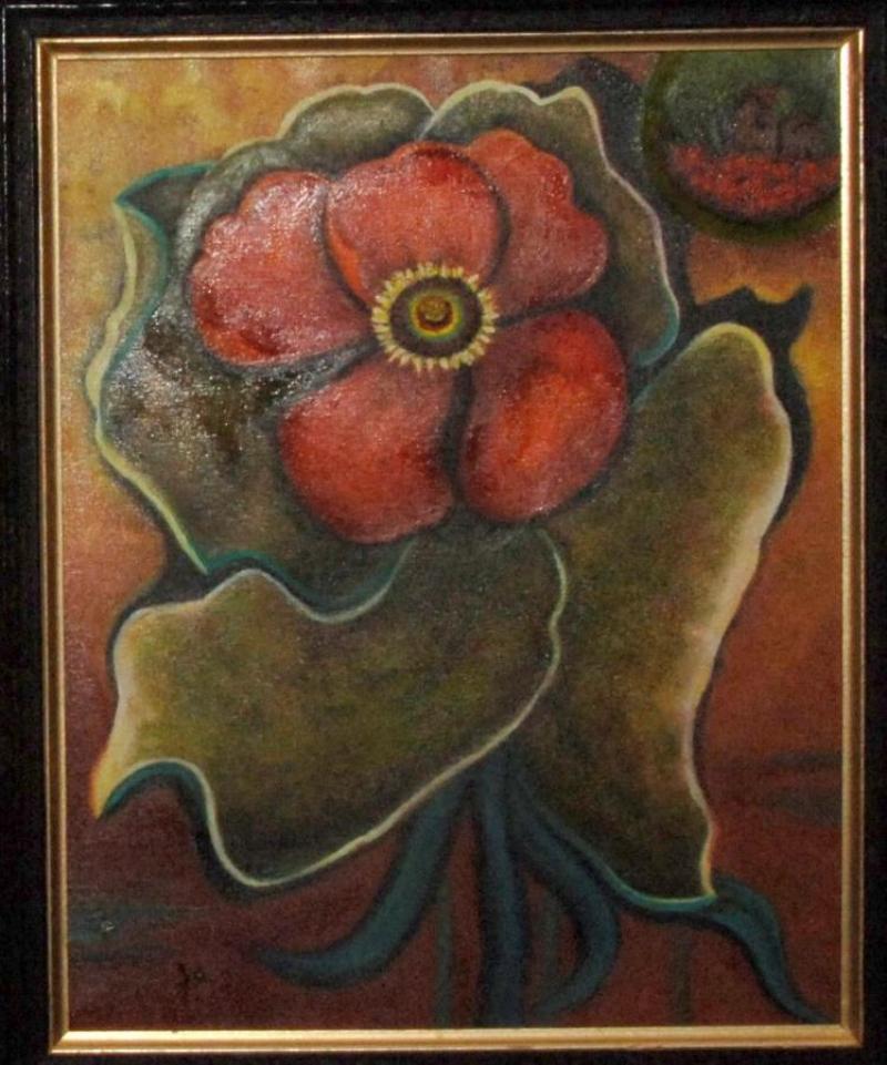 Third Place Opaque Painting - “Where Red Flowers Grow”, by Judy Weisenburger of Bock