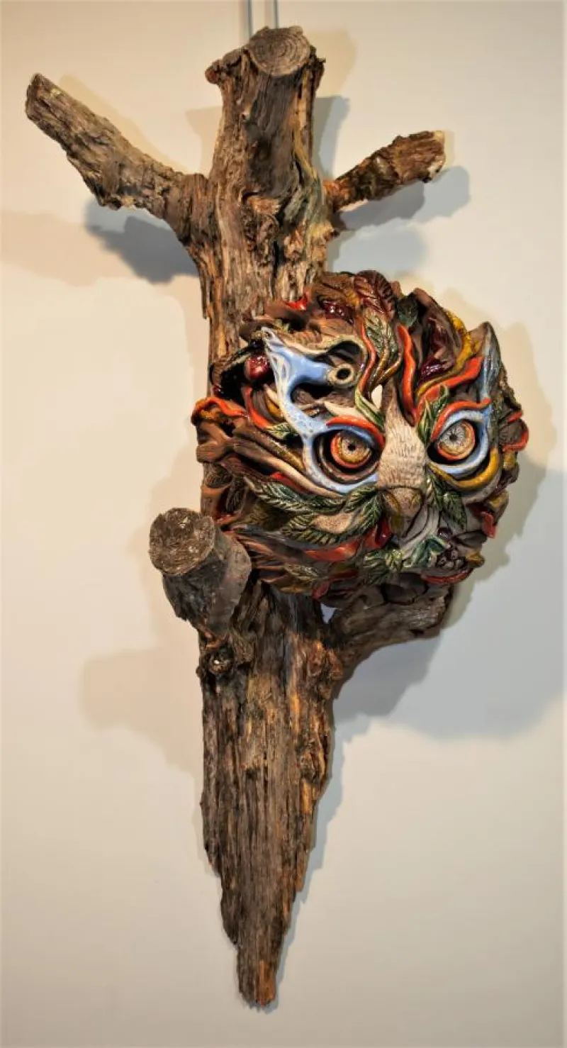 The Kn"owl"edge Tree, handbuilt ceramic sculpture by Julie Bjerke of Hinckley, MN